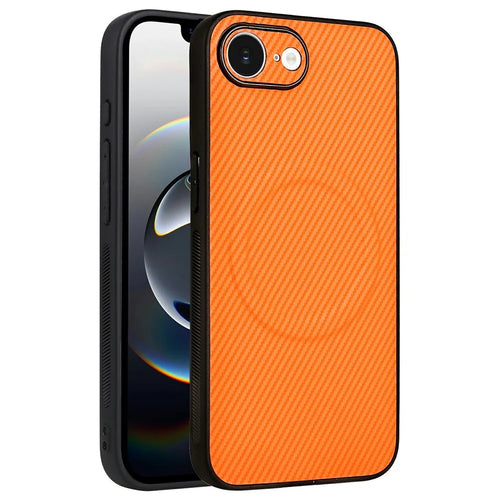 For iPhone 16e  /  17e Case Carbon Fiber Texture Leather Coated TPU PC Phone Cover with Metal Ring for Magnetic Car Mount - Orange - 1