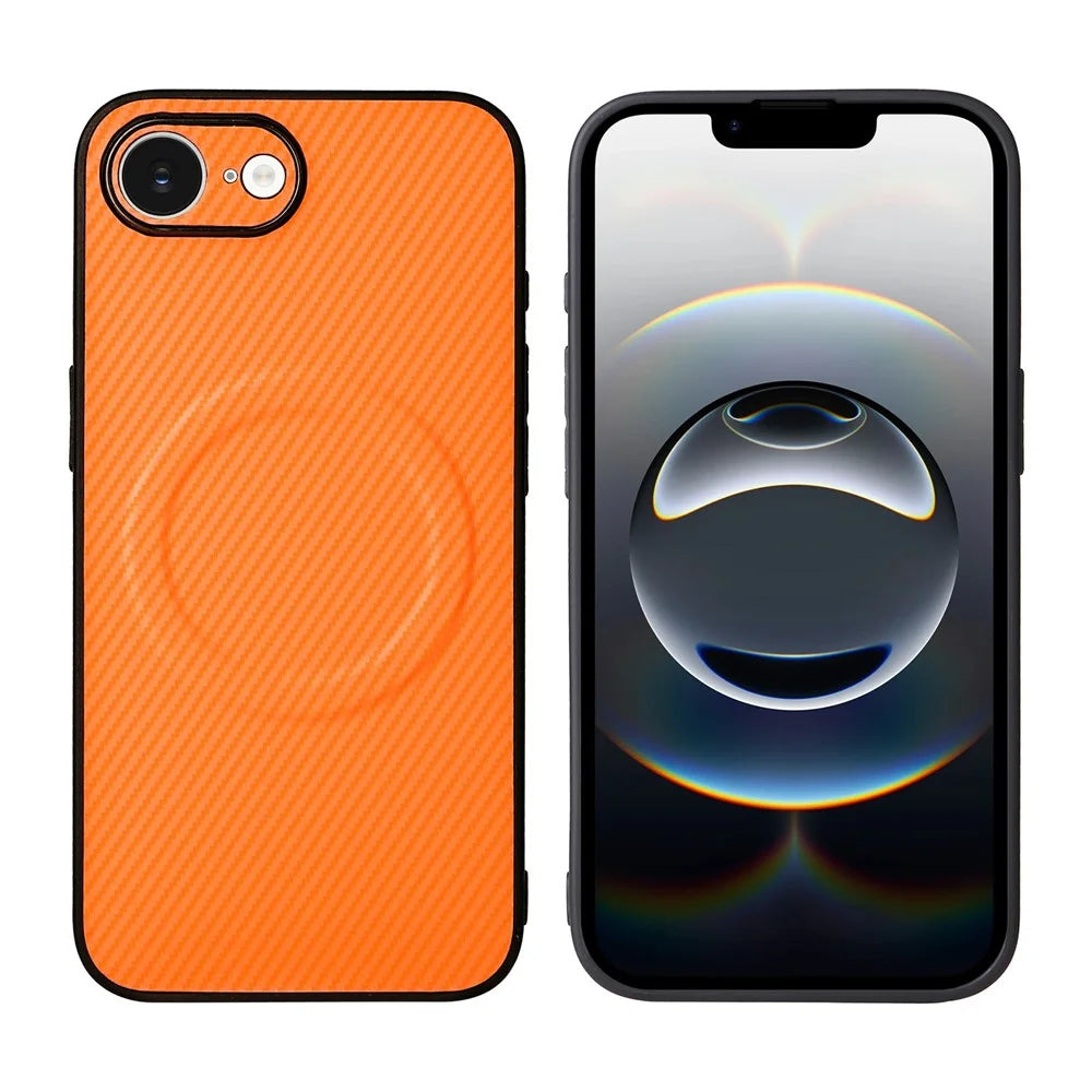 For iPhone 16e  /  17e Case Carbon Fiber Texture Leather Coated TPU PC Phone Cover with Metal Ring for Magnetic Car Mount - Orange - 2