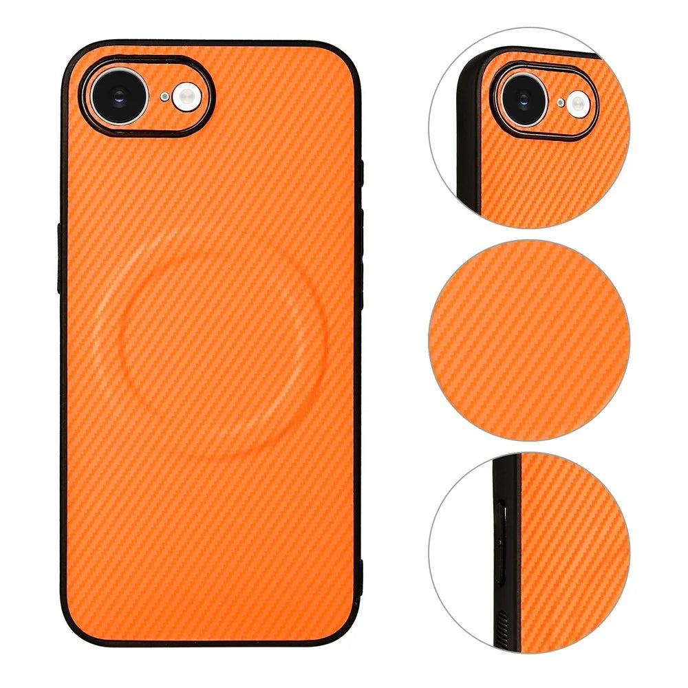 For iPhone 16e  /  17e Case Carbon Fiber Texture Leather Coated TPU PC Phone Cover with Metal Ring for Magnetic Car Mount - Orange - 3