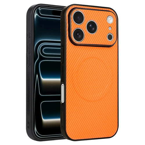For iPhone 18 Pro / 17 Pro Case Carbon Fiber Texture Leather Coated TPU PC Phone Cover with Metal Ring for Magnetic Car Mount - Orange - 1