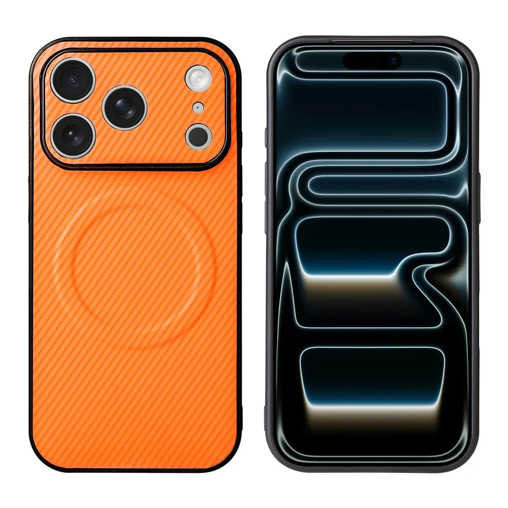 For iPhone 18 Pro / 17 Pro Case Carbon Fiber Texture Leather Coated TPU PC Phone Cover with Metal Ring for Magnetic Car Mount - Orange - 2