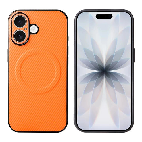 For iPhone 17 Case Carbon Fiber Texture Leather Coated TPU PC Phone Cover with Metal Ring for Magnetic Car Mount - Orange - 1