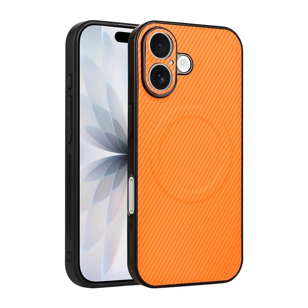 For iPhone 17 Case Carbon Fiber Texture Leather Coated TPU PC Phone Cover with Metal Ring for Magnetic Car Mount - Orange - 2