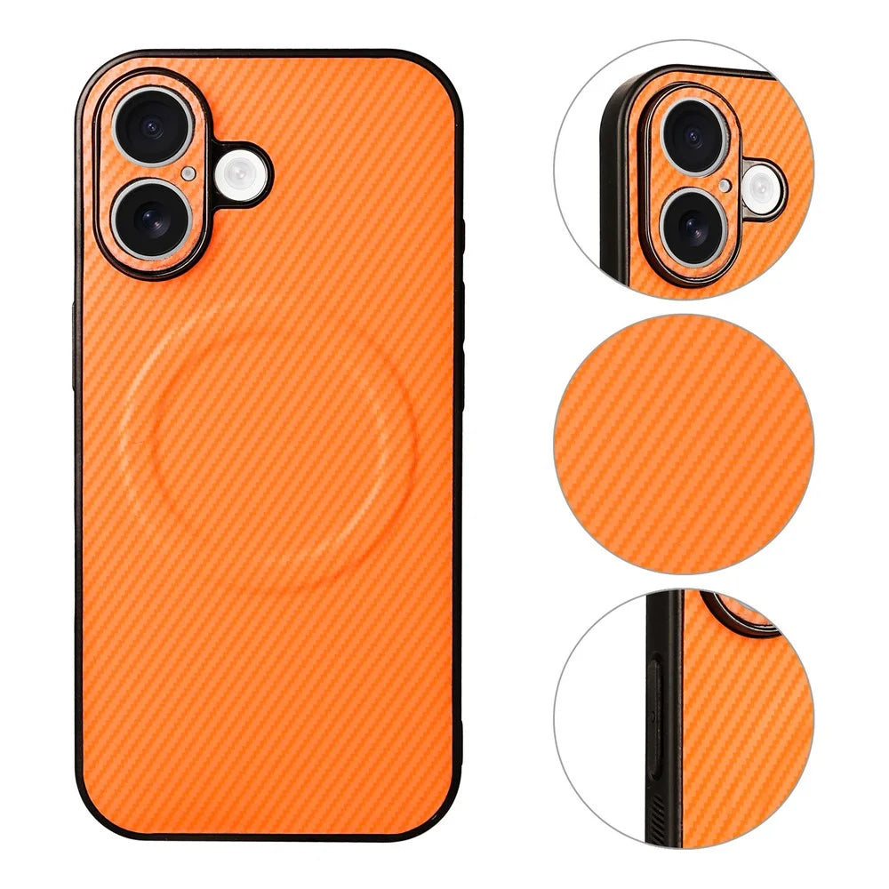 For iPhone 17 Case Carbon Fiber Texture Leather Coated TPU PC Phone Cover with Metal Ring for Magnetic Car Mount - Orange - 3