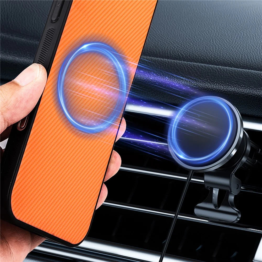 For iPhone 17 Case Carbon Fiber Texture Leather Coated TPU PC Phone Cover with Metal Ring for Magnetic Car Mount - Orange - 5