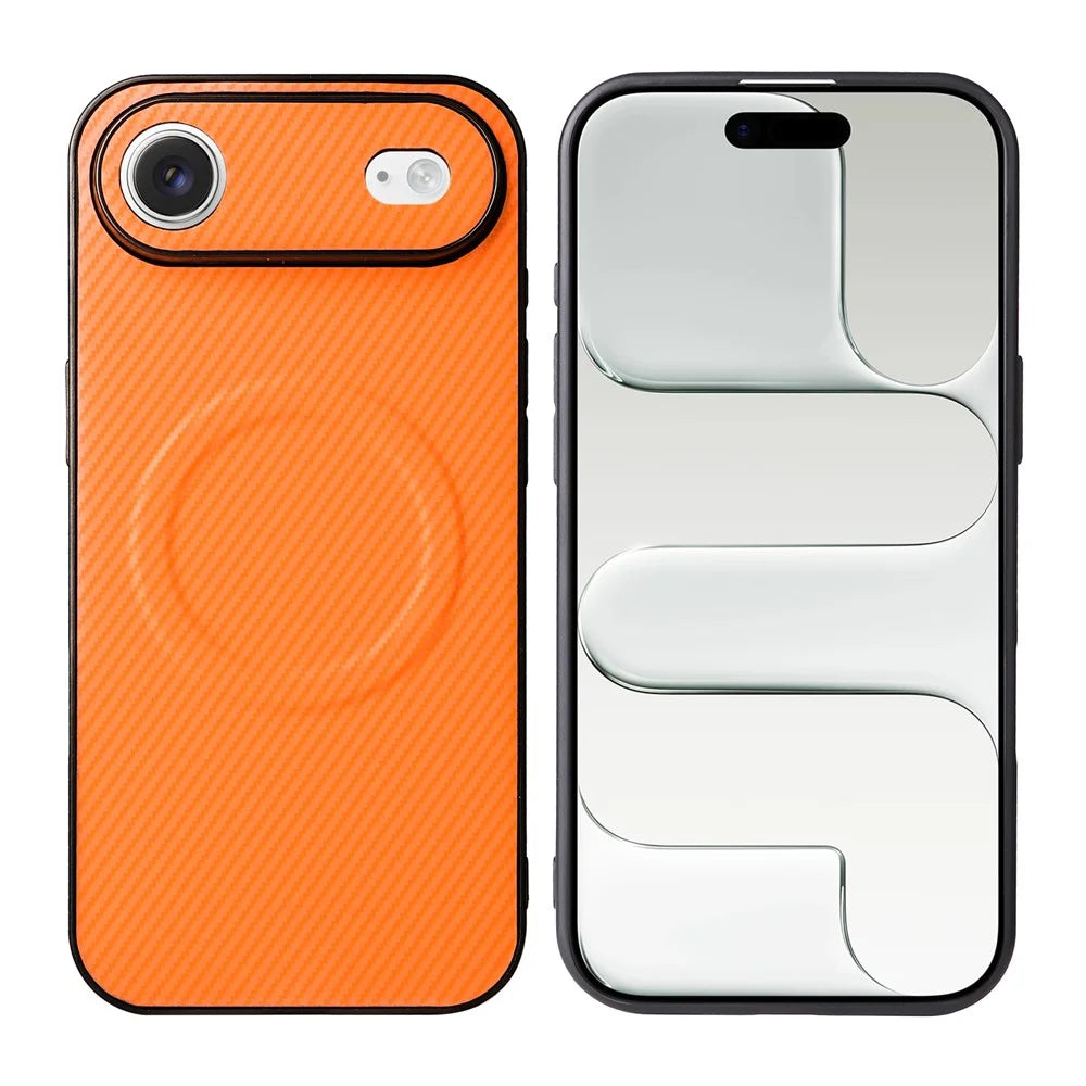 For iPhone Air Case Carbon Fiber Texture Leather Coated TPU PC Phone Cover with Metal Ring for Magnetic Car Mount - Orange - 1