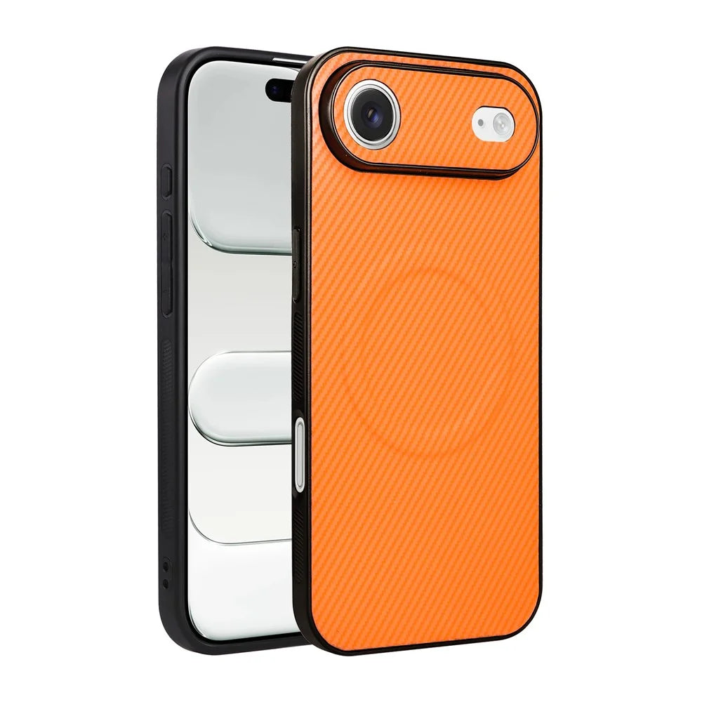 For iPhone Air Case Carbon Fiber Texture Leather Coated TPU PC Phone Cover with Metal Ring for Magnetic Car Mount - Orange - 2