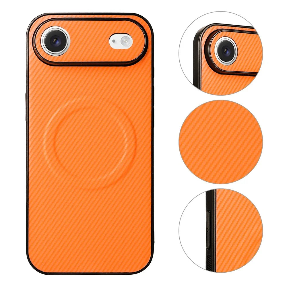 For iPhone Air Case Carbon Fiber Texture Leather Coated TPU PC Phone Cover with Metal Ring for Magnetic Car Mount - Orange - 3