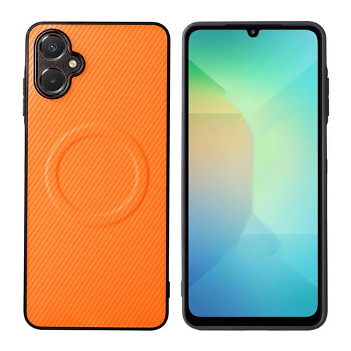 For Samsung Galaxy A06 4G  /  A06 5G Case Carbon Fiber Texture Leather Coated TPU PC Phone Cover with Metal Ring for Magnetic Car Mount - Orange - 1