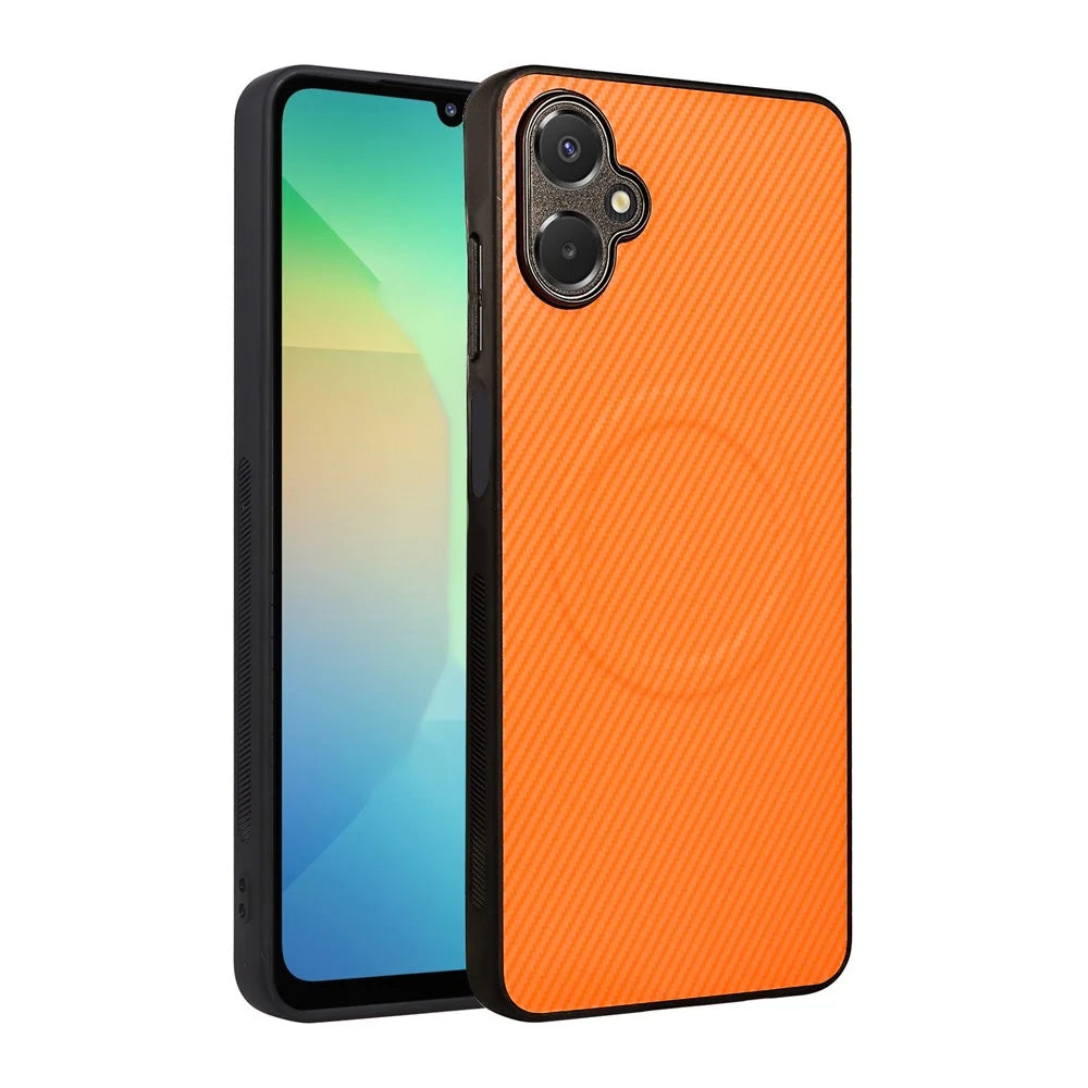 For Samsung Galaxy A06 4G  /  A06 5G Case Carbon Fiber Texture Leather Coated TPU PC Phone Cover with Metal Ring for Magnetic Car Mount - Orange - 2