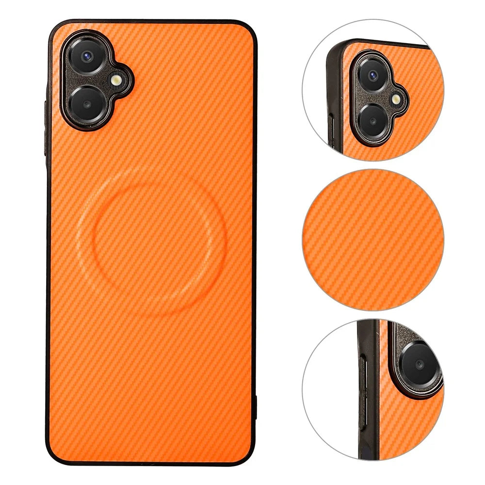 For Samsung Galaxy A06 4G  /  A06 5G Case Carbon Fiber Texture Leather Coated TPU PC Phone Cover with Metal Ring for Magnetic Car Mount - Orange - 3