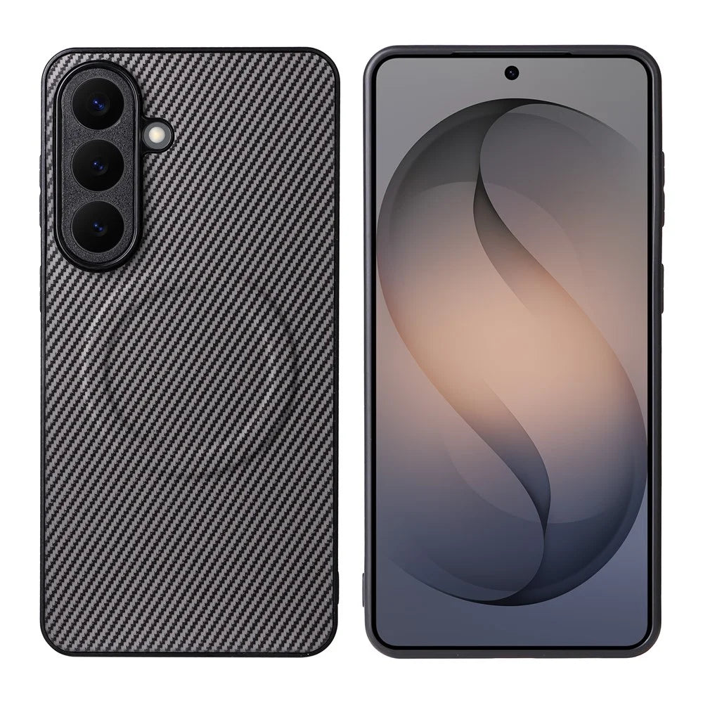 For Samsung Galaxy S25+ Case Carbon Fiber Texture Leather Coated TPU PC Phone Cover with Metal Ring for Magnetic Car Mount - Grey - 1