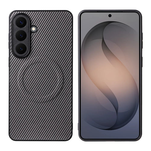 For Samsung Galaxy S25+ Case Carbon Fiber Texture Leather Coated TPU PC Phone Cover with Metal Ring for Magnetic Car Mount - Grey - 1