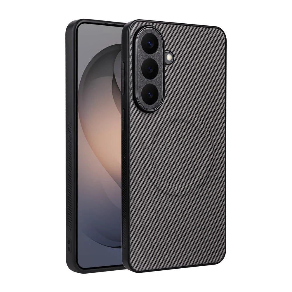 For Samsung Galaxy S25+ Case Carbon Fiber Texture Leather Coated TPU PC Phone Cover with Metal Ring for Magnetic Car Mount - Grey - 2
