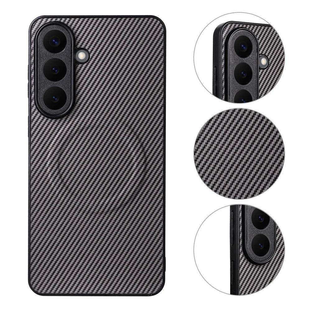 For Samsung Galaxy S25+ Case Carbon Fiber Texture Leather Coated TPU PC Phone Cover with Metal Ring for Magnetic Car Mount - Grey - 3