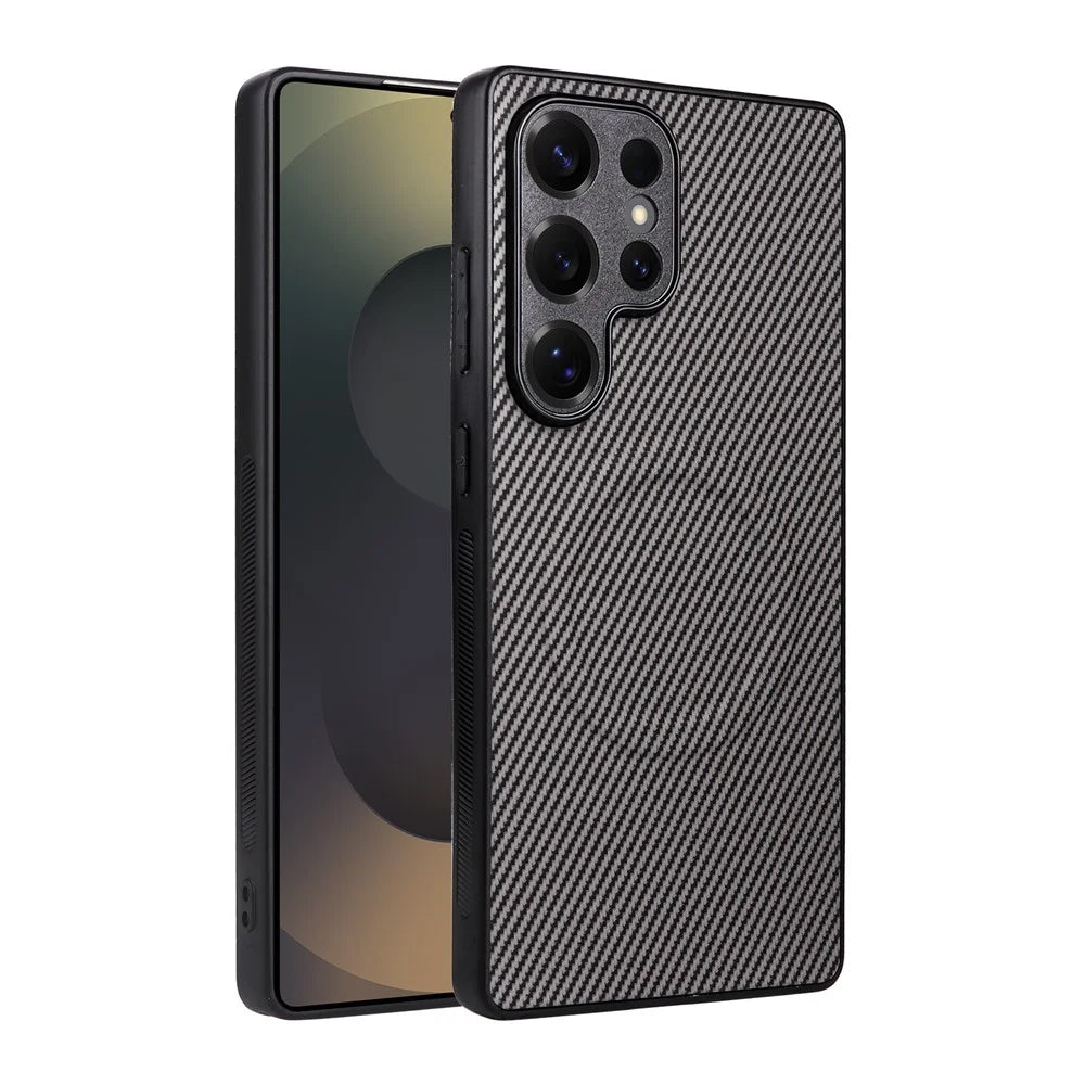 For Samsung Galaxy S25 Ultra Case Carbon Fiber Texture Leather Coated TPU PC Phone Cover with Metal Ring for Magnetic Car Mount - Grey - 2
