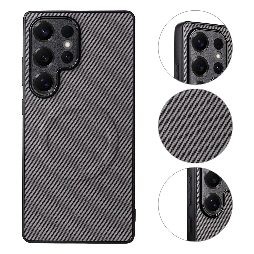 For Samsung Galaxy S25 Ultra Case Carbon Fiber Texture Leather Coated TPU PC Phone Cover with Metal Ring for Magnetic Car Mount - Grey - 3