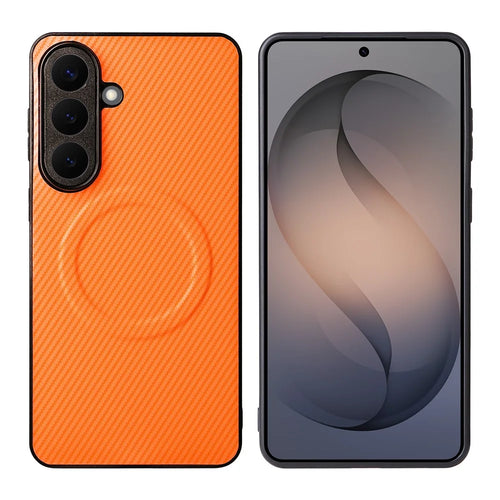 For Samsung Galaxy S25 Case Carbon Fiber Texture Leather Coated TPU PC Phone Cover with Metal Ring for Magnetic Car Mount - Orange - 1