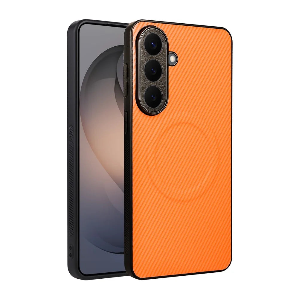 For Samsung Galaxy S25 Case Carbon Fiber Texture Leather Coated TPU PC Phone Cover with Metal Ring for Magnetic Car Mount - Orange - 2