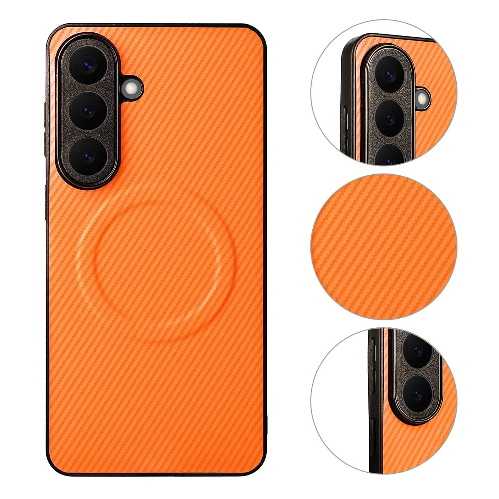 For Samsung Galaxy S25 Case Carbon Fiber Texture Leather Coated TPU PC Phone Cover with Metal Ring for Magnetic Car Mount - Orange - 3