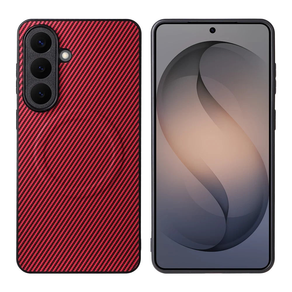 For Samsung Galaxy S26+ Case Carbon Fiber Texture Leather Coated TPU PC Phone Cover with Metal Ring for Magnetic Car Mount - Red - 1