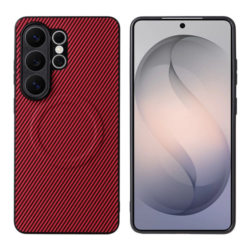 For Samsung Galaxy S26 Ultra Case Carbon Fiber Texture Leather Coated TPU PC Phone Cover with Metal Ring for Magnetic Car Mount - Red - 1