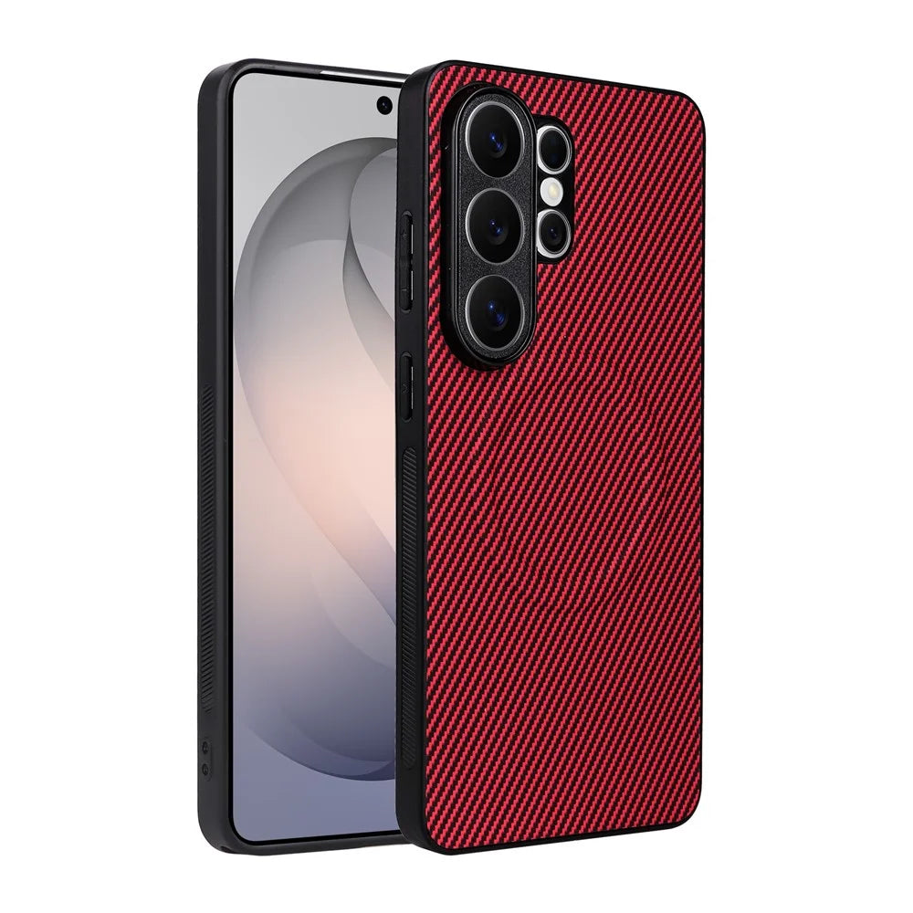 For Samsung Galaxy S26 Ultra Case Carbon Fiber Texture Leather Coated TPU PC Phone Cover with Metal Ring for Magnetic Car Mount - Red - 2