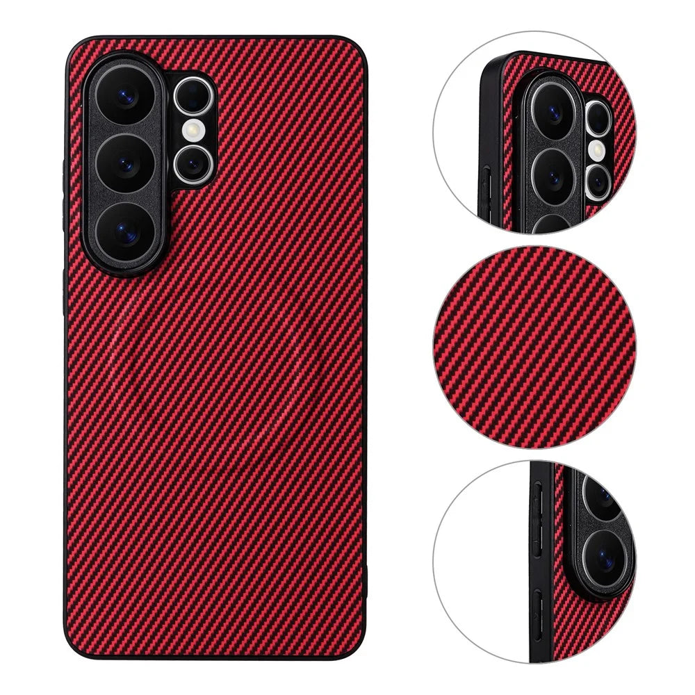 For Samsung Galaxy S26 Ultra Case Carbon Fiber Texture Leather Coated TPU PC Phone Cover with Metal Ring for Magnetic Car Mount - Red - 3