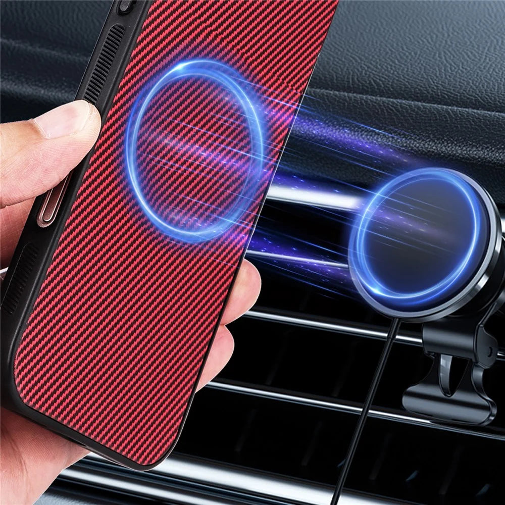 For Samsung Galaxy S26 Ultra Case Carbon Fiber Texture Leather Coated TPU PC Phone Cover with Metal Ring for Magnetic Car Mount - Red - 5