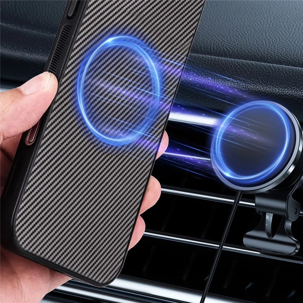 For Samsung Galaxy S26 Case Carbon Fiber Texture Leather Coated TPU PC Phone Cover with Metal Ring for Magnetic Car Mount - Grey - 5