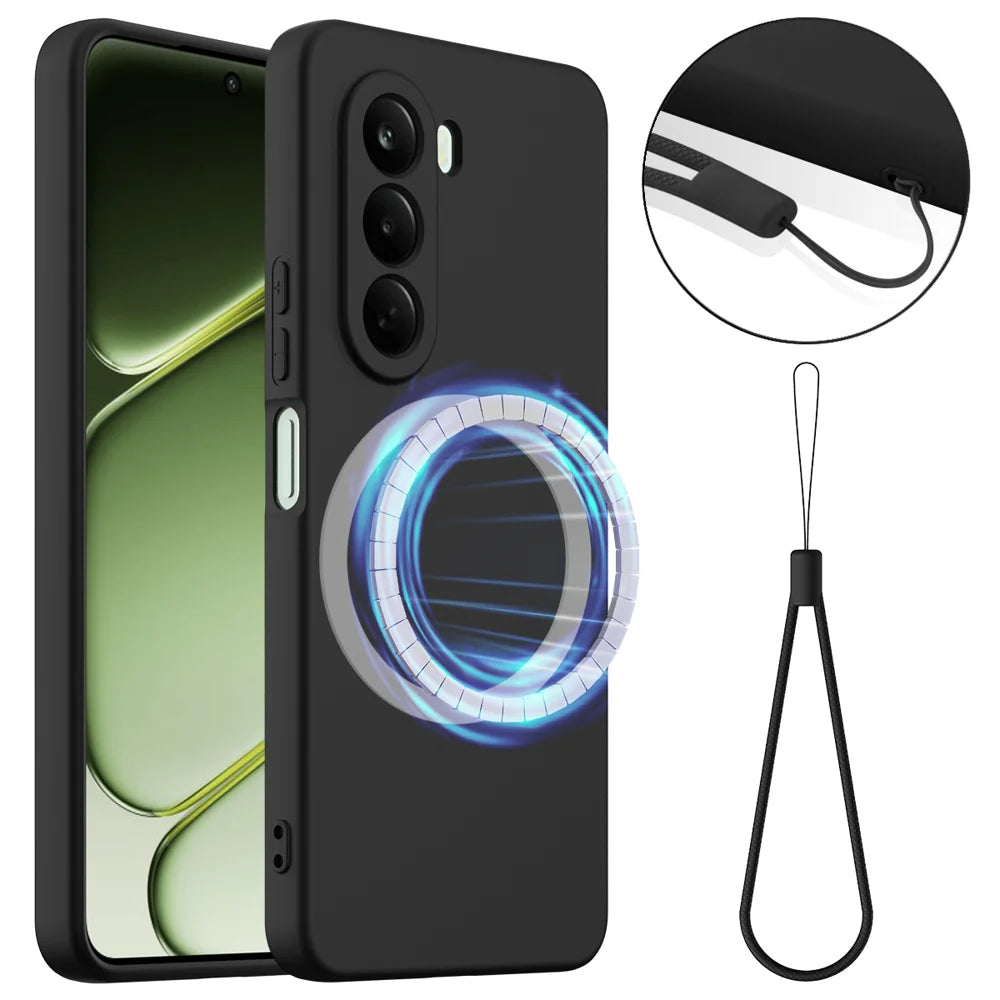 For Realme P4x 5G / OnePlus Nord CE6 Lite 5G Magnetic Case Anti-Drop Liquid Silicone Phone Cover with Lanyard - Black - 1