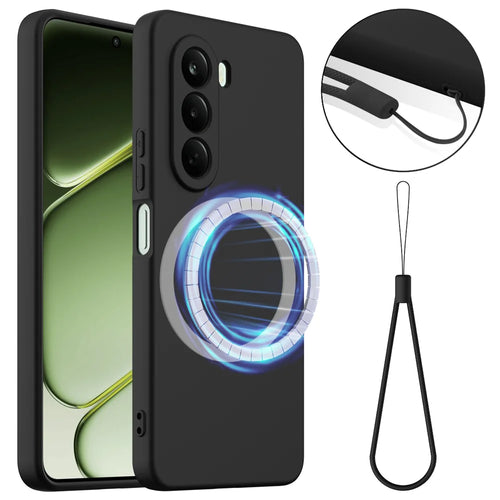 For Realme P4x 5G / OnePlus Nord CE6 Lite 5G Magnetic Case Anti-Drop Liquid Silicone Phone Cover with Lanyard - Black - 1