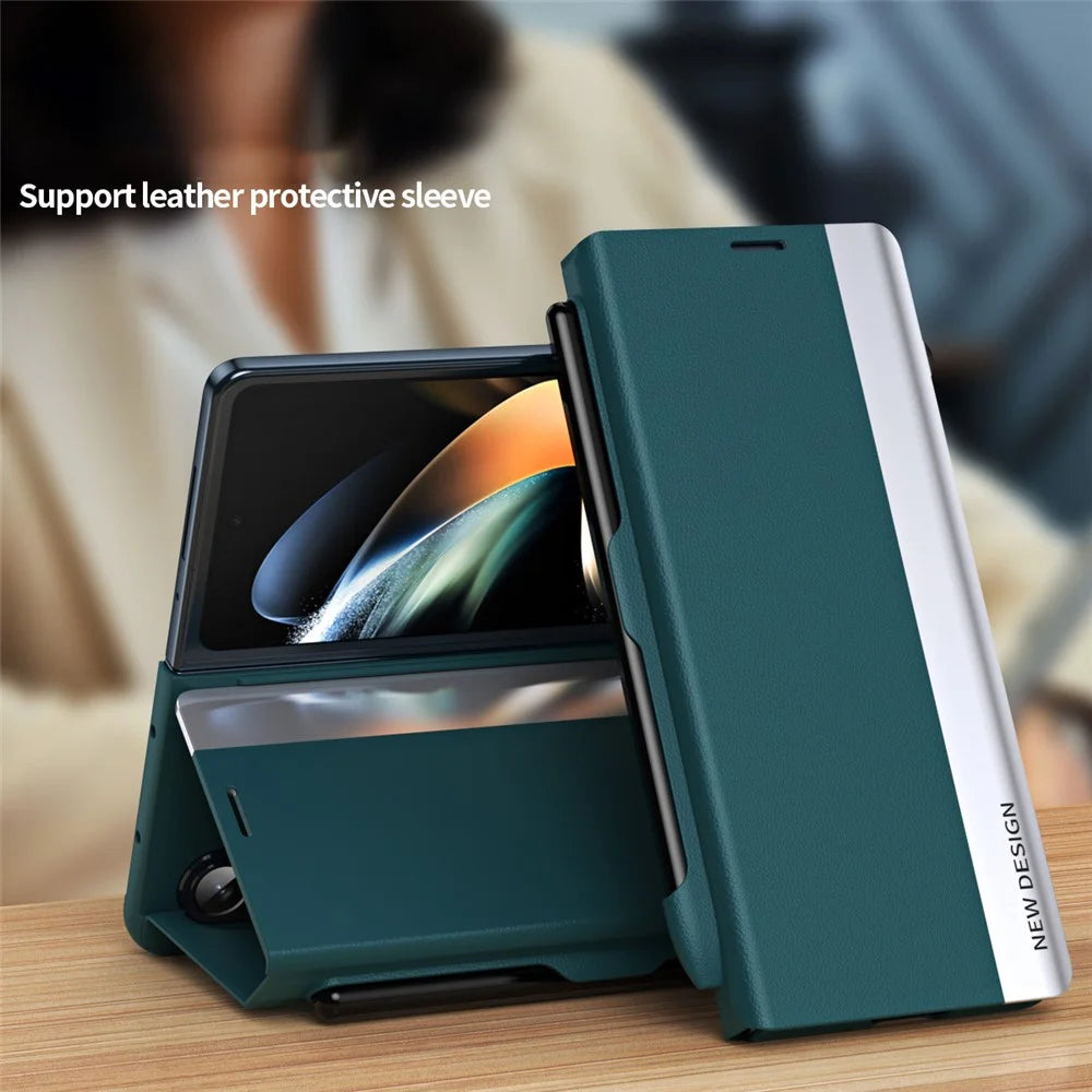 Protective Case for Samsung Galaxy Z Fold4 5G Had PC Phone Case Anti-Fall Shockproof Stand Cover with Pen  /  Pen Slot - Green - 2