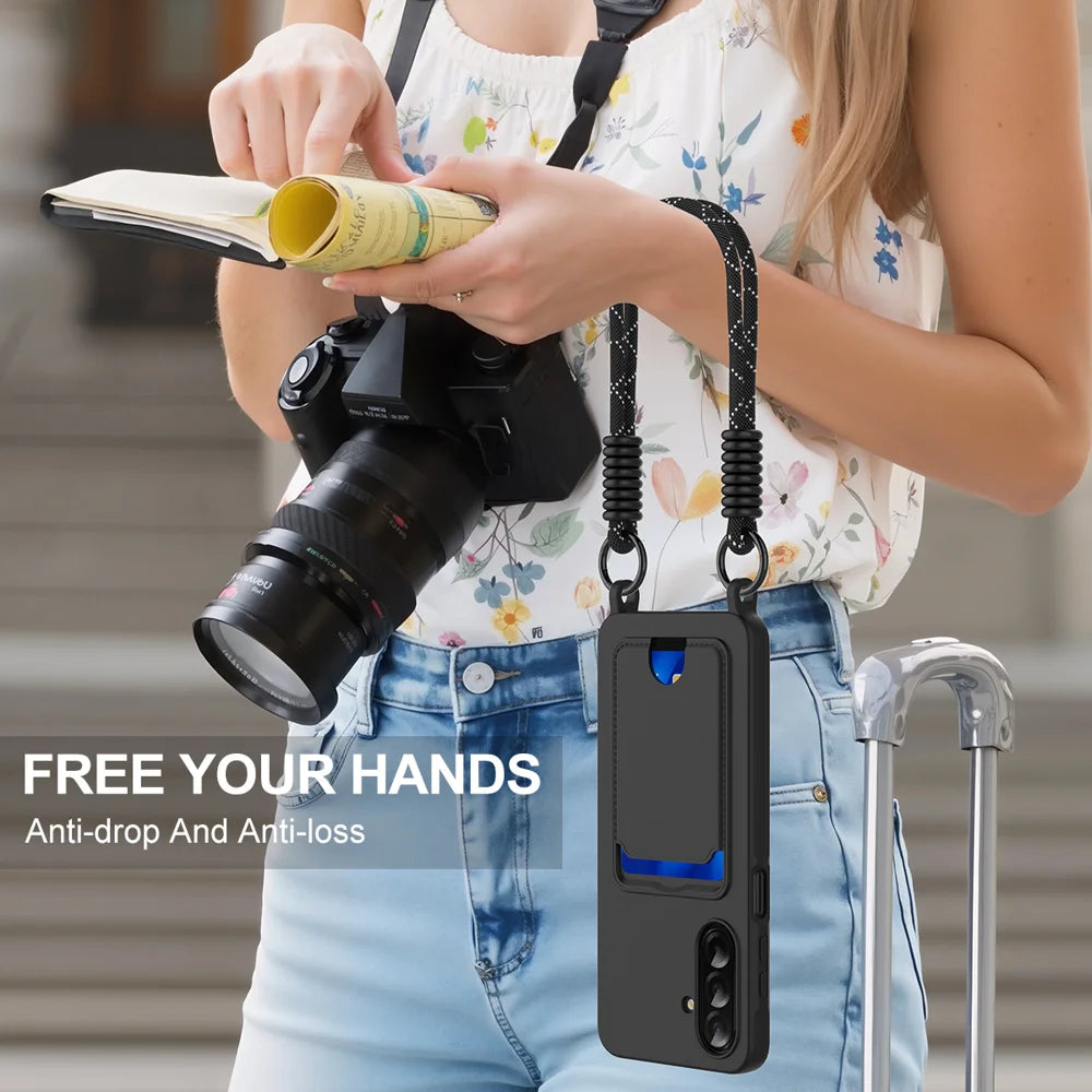 For Samsung Galaxy S26 FE Liquid Silicone Case  Phone Back Cover with Card Holder and Short Strap - Black - 2