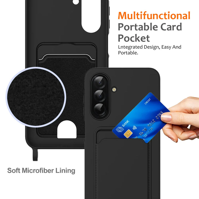 For Samsung Galaxy S26 FE Case Liquid Silicone Card Holder Back Phone Cover with Lanyard - Black - 4