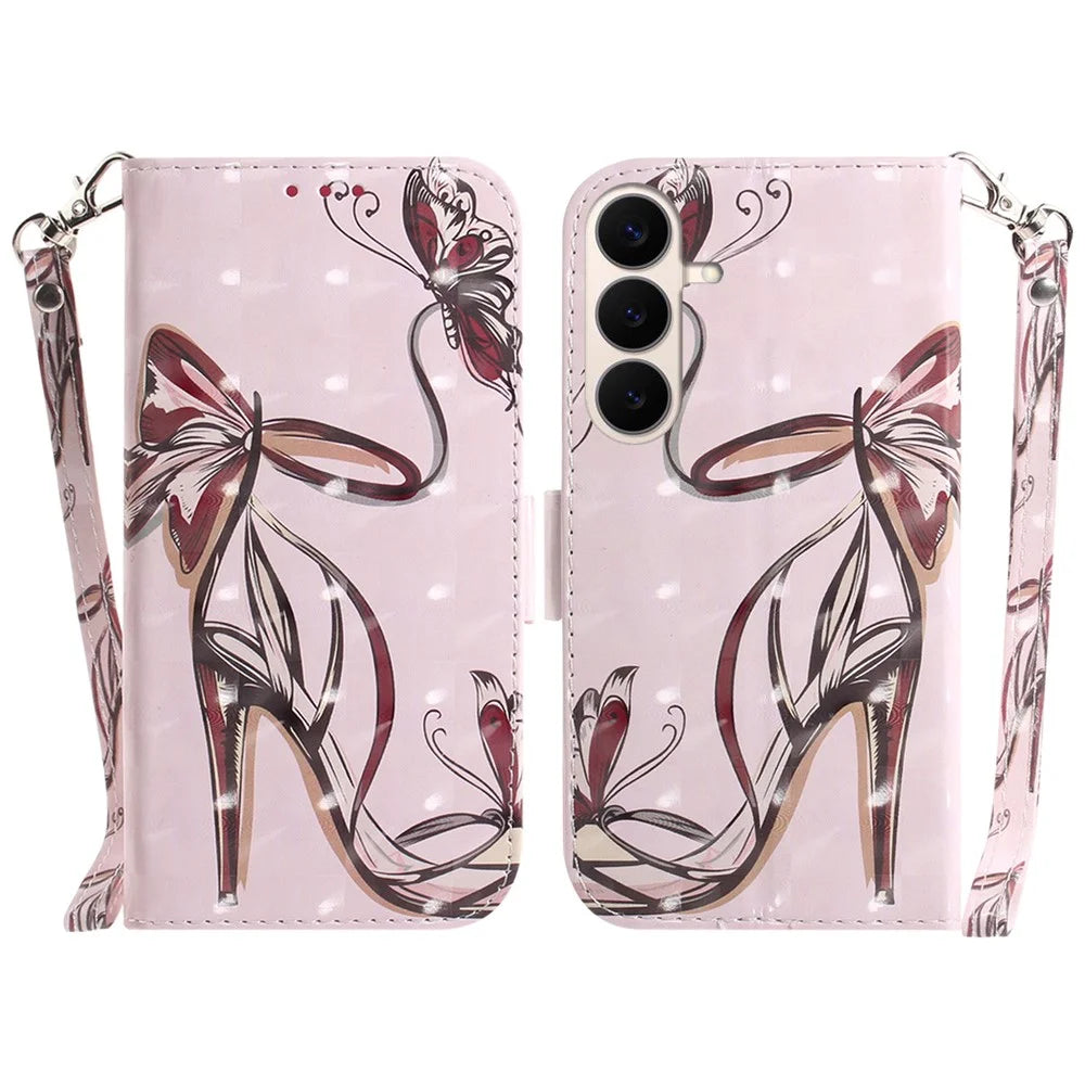 For Samsung Galaxy S26 FE Case Pattern Printing Leather Wallet Phone Cover with Wrist Strap - Butterfly High Heels - 1