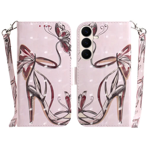 For Samsung Galaxy S26 FE Case Pattern Printing Leather Wallet Phone Cover with Wrist Strap - Butterfly High Heels - 1