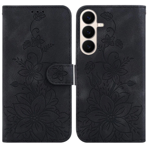For Samsung Galaxy S26 FE Stand Case Lily Flower Imprint Leather Phone Cover with Wrist Strap - Black - 1
