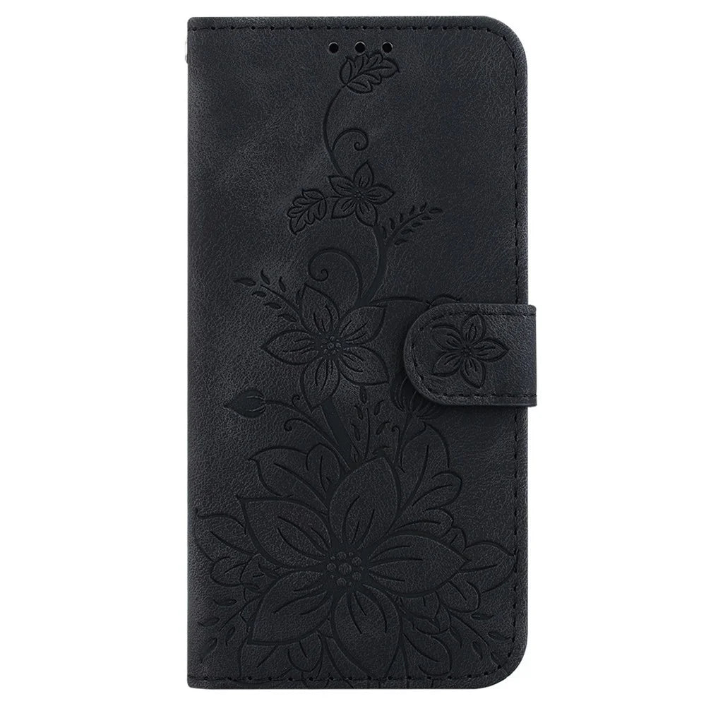 For Samsung Galaxy S26 FE Stand Case Lily Flower Imprint Leather Phone Cover with Wrist Strap - Black - 6