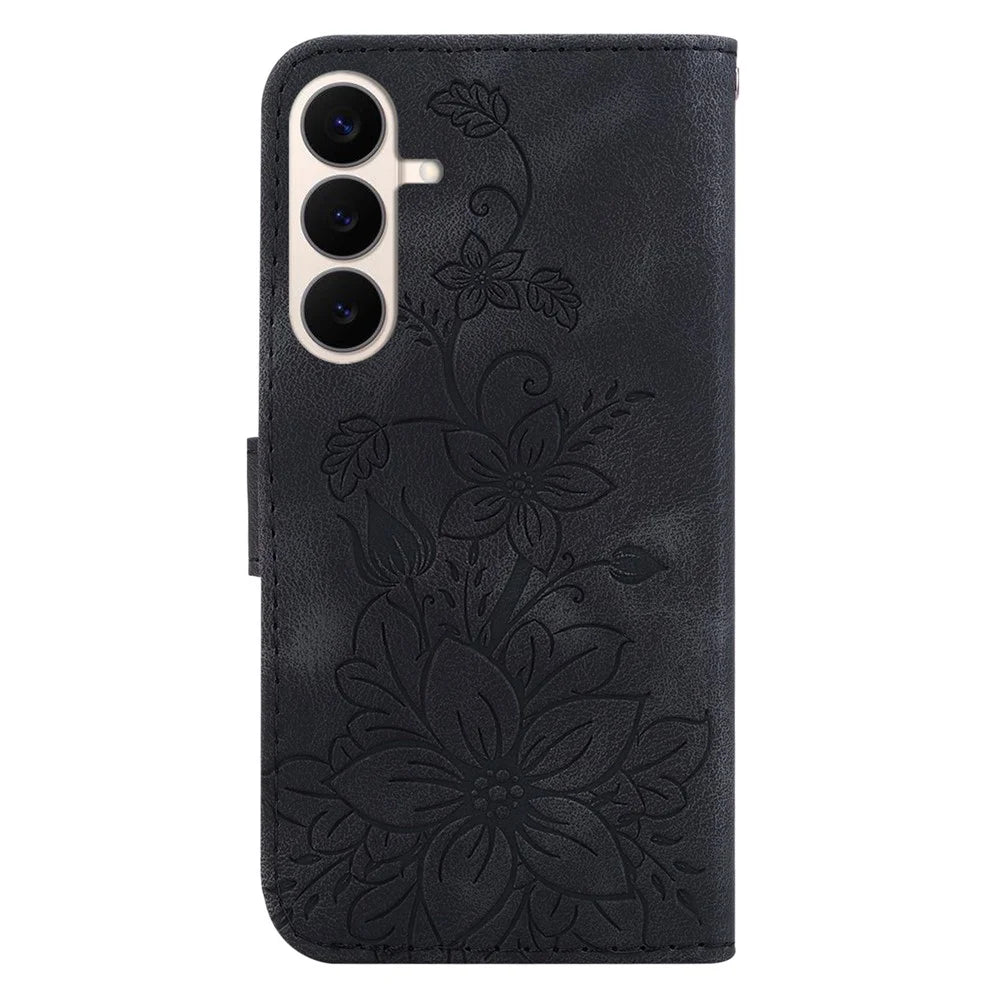 For Samsung Galaxy S26 FE Stand Case Lily Flower Imprint Leather Phone Cover with Wrist Strap - Black - 7