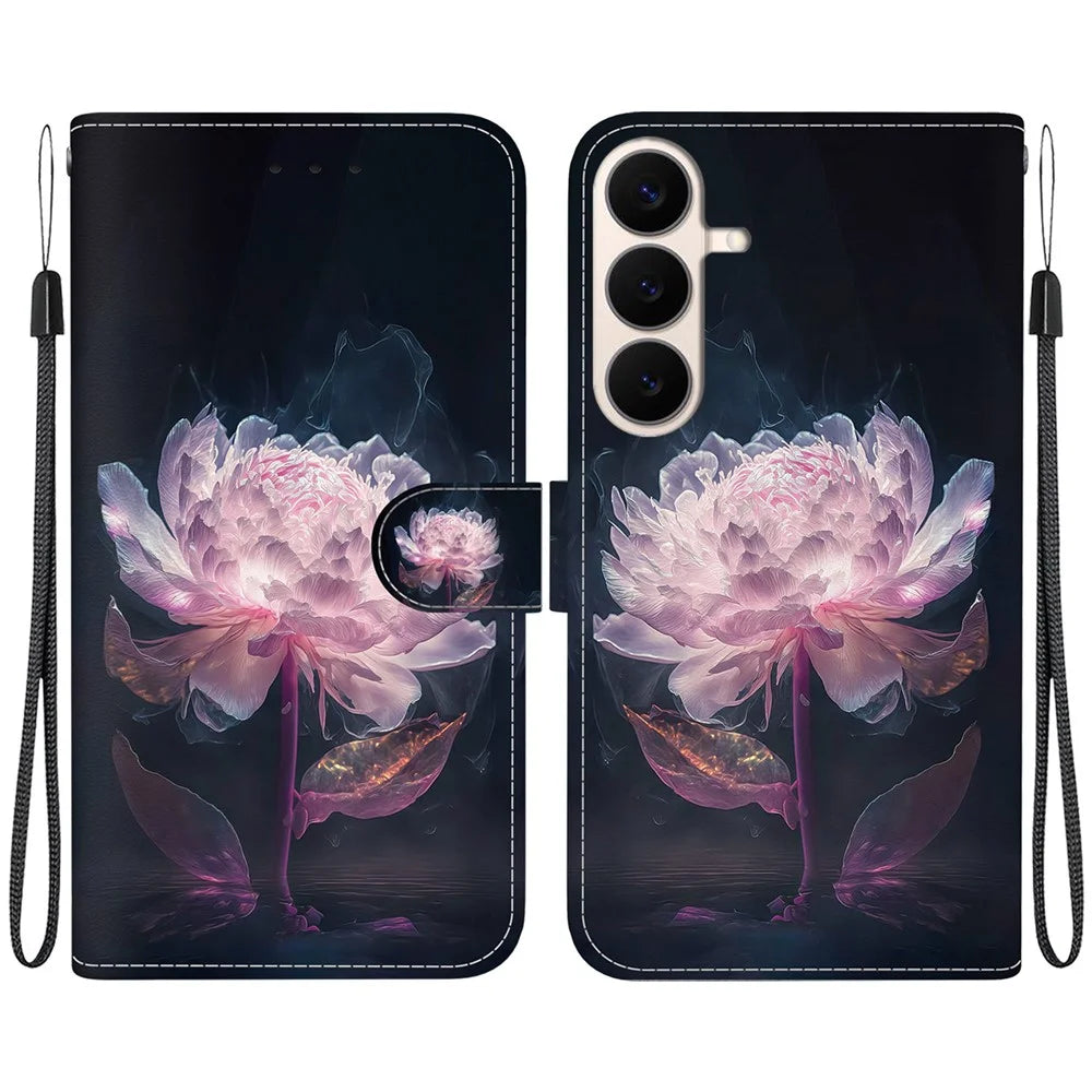 For Samsung Galaxy S26 FE Wallet Phone Case Anti-Drop Pattern Printing Leather Flip Cover with Strap - Purple Peony - 1