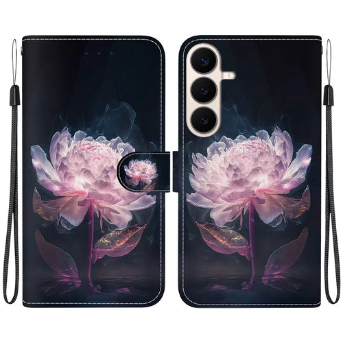 For Samsung Galaxy S26 FE Wallet Phone Case Anti-Drop Pattern Printing Leather Flip Cover with Strap - Purple Peony - 1
