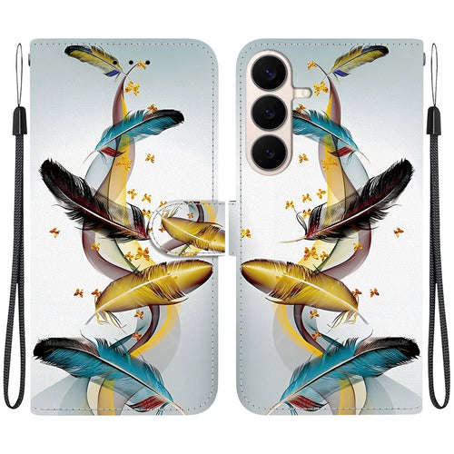 For Samsung Galaxy S26 FE Case Pattern Printing Leather Flip Wallet Phone Cover with Lanyard - Golden Butterfly Feather - 1