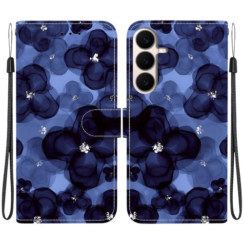 For Samsung Galaxy S26 FE Wallet Case Pattern Printing Leather Stand Phone Cover with Strap - Ink Blue Flower - 1