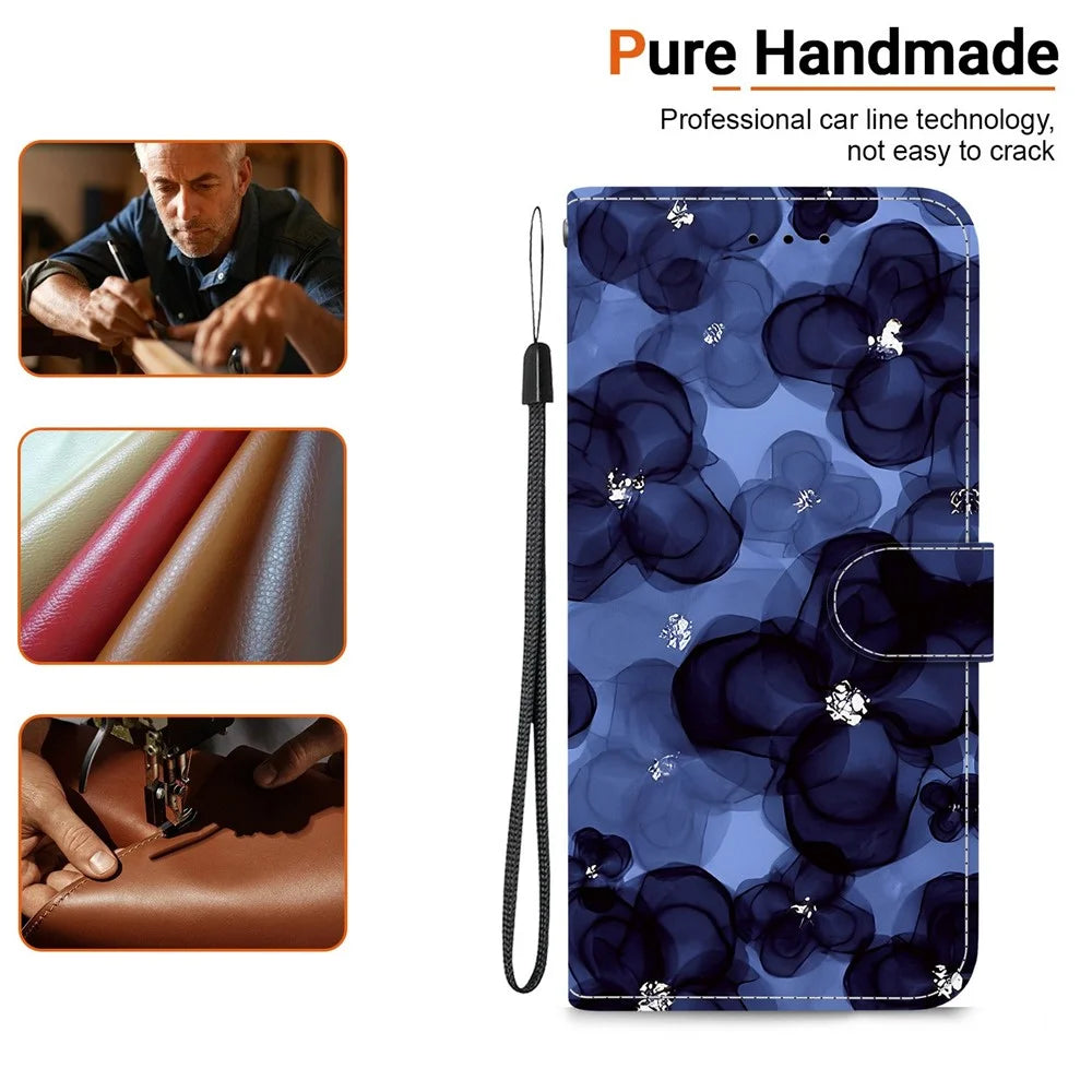 For Samsung Galaxy S26 FE Wallet Case Pattern Printing Leather Stand Phone Cover with Strap - Ink Blue Flower - 4