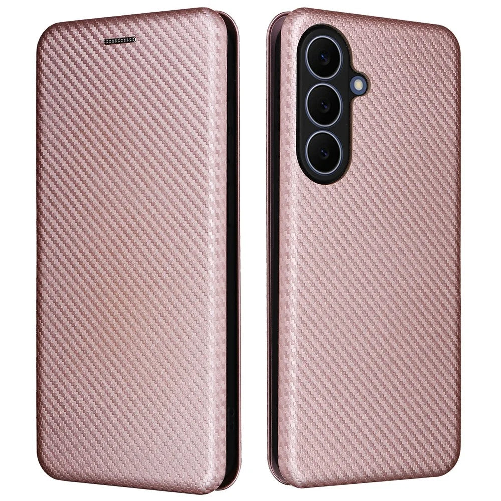 For Samsung Galaxy S26 FE Case Carbon Fiber Texture Drop-Proof PU Leather Phone Cover - Rose Gold - 1