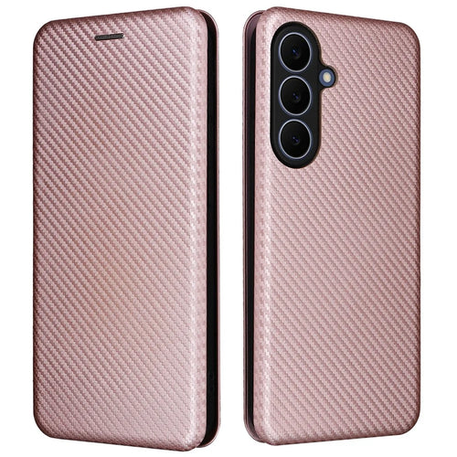 For Samsung Galaxy S26 FE Case Carbon Fiber Texture Drop-Proof PU Leather Phone Cover - Rose Gold - 1