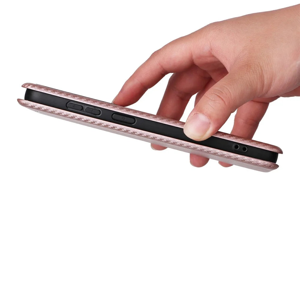For Samsung Galaxy S26 FE Case Carbon Fiber Texture Drop-Proof PU Leather Phone Cover - Rose Gold - 5