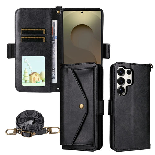 For Samsung Galaxy S26 Ultra Leather Case Magnetic Closure Wallet Stand Phone Cover with Crossbody Strap - Black - 1
