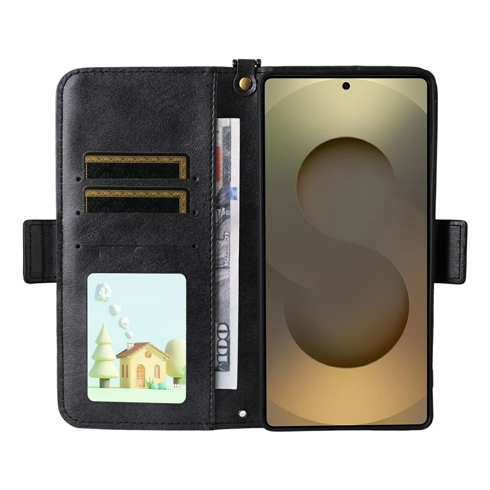 For Samsung Galaxy S26 Ultra Leather Case Magnetic Closure Wallet Stand Phone Cover with Crossbody Strap - Black - 2